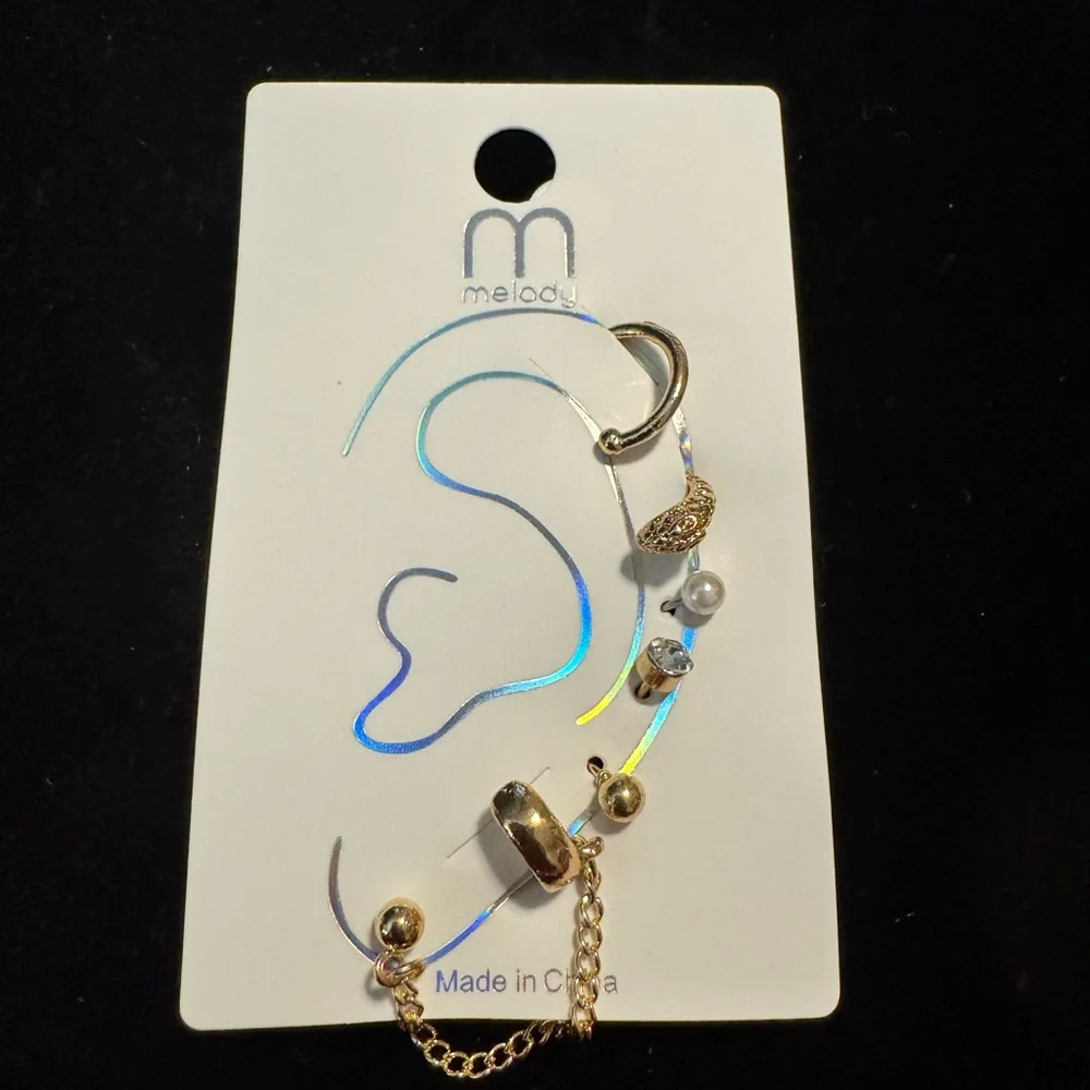 Gold Earring Set–Huggie,Chain,Pearl& Stud Stack - Picture 3 of 4